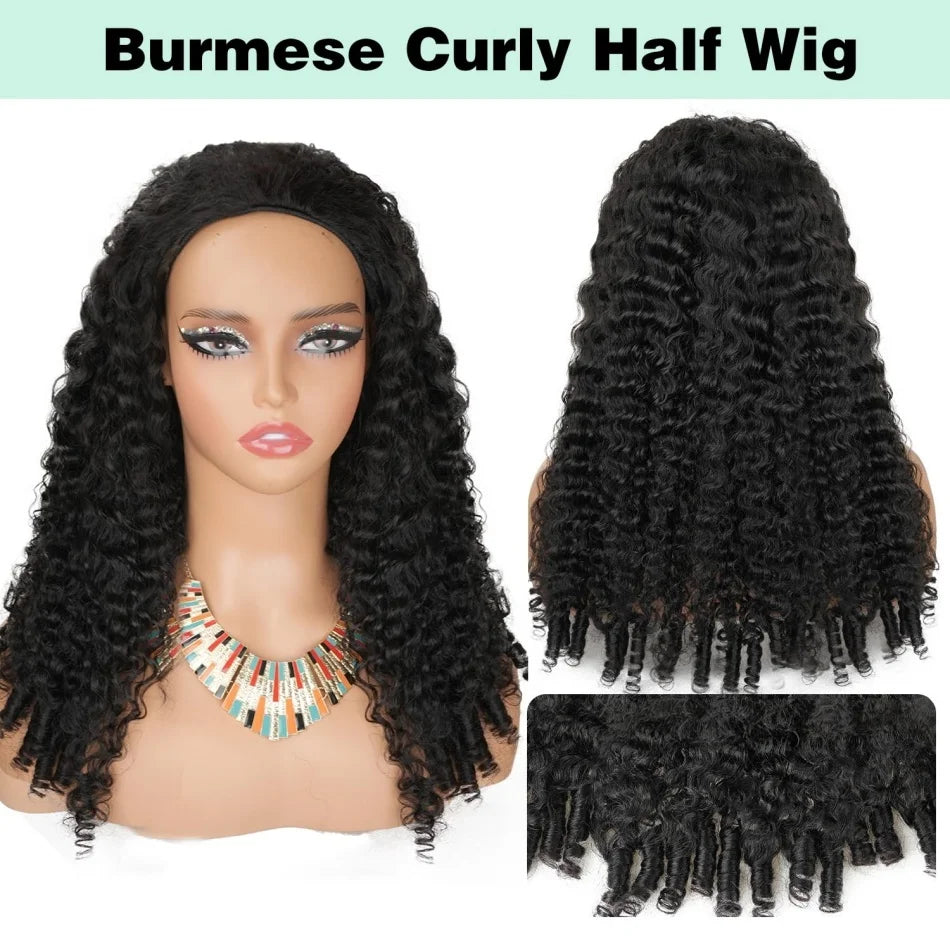 Burmese Curly Human Hair 3 IN 1 Half Wigs Glueless Wig Human Hair For Women Half Wig Drawstring Headband Wig Brazilian Hair