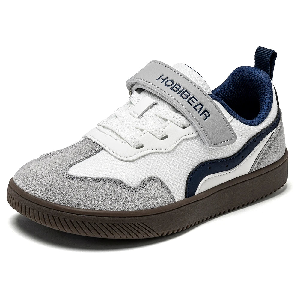 HOBIBEAR Kids Wide Toe Barefoot Shoes Hook Loop Minimalist Sneakers Artificial Leather Mesh Retro Walking Shoes for Big Kid