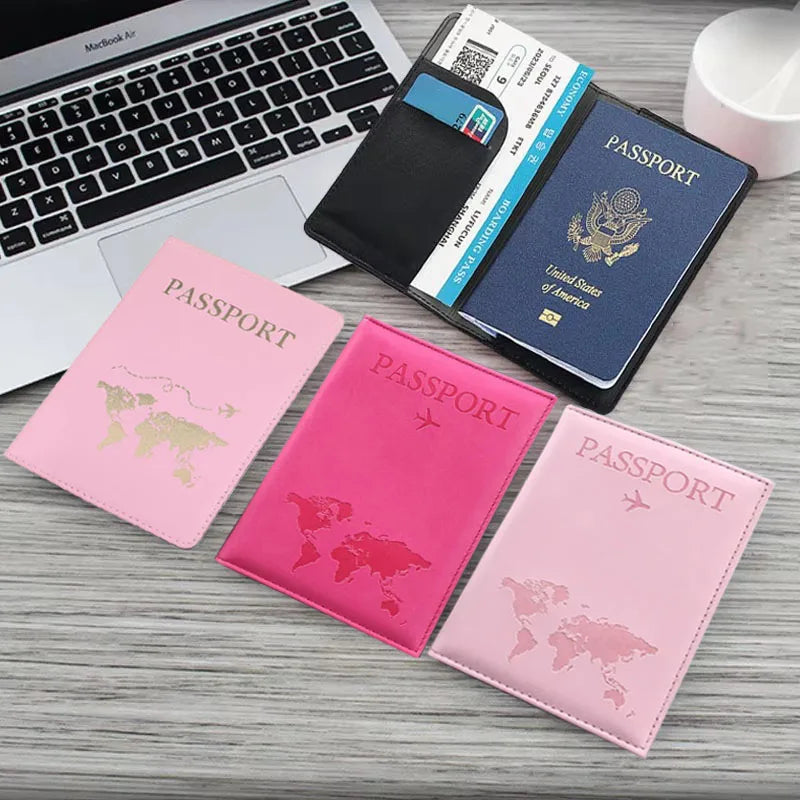 PU Leather Passport Cover For Men & Women World Map Travel Passport Case Organizer - Protective Card Holder ID Document Covers