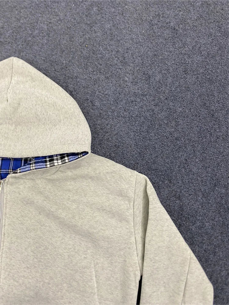 Winter Casual Plaid Print Hoodie Women's Warm Zip-Up Double-Sided Wear Sweatshirt Female Fashion Trendy Loose Hooded
