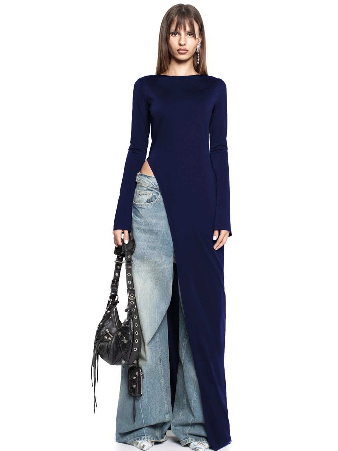 Dulzura Long Sleeves Side High Slit Maxi Dress Solid Sexy Long Dress Women’S Party Club Streetwear Autumn Winter Outfit