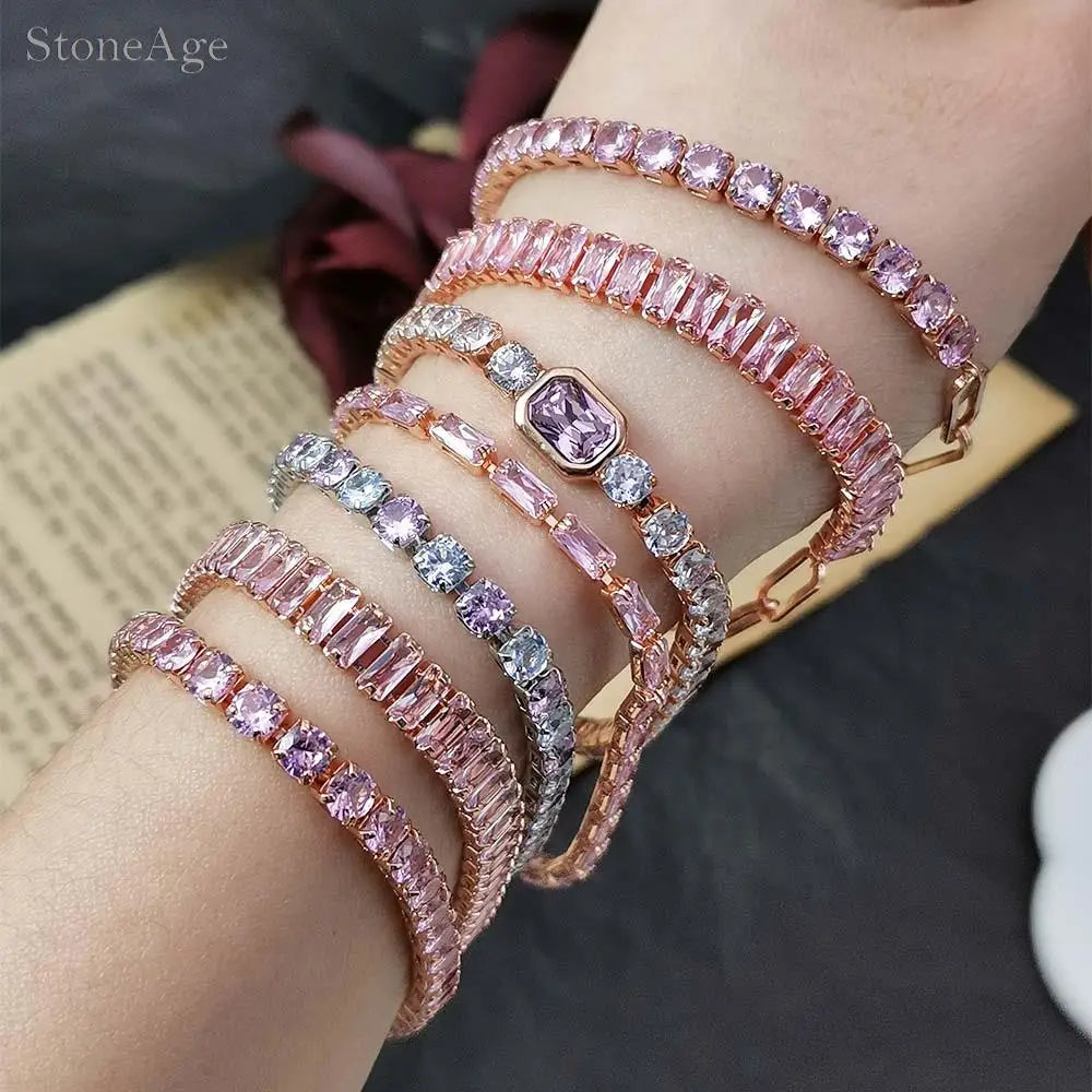 Pink Crystal Tennis Bracelets for Women Female Trend Romantic Shiny Zirconia Adjustable Folding Buckle Chain on Hand Jewelry
