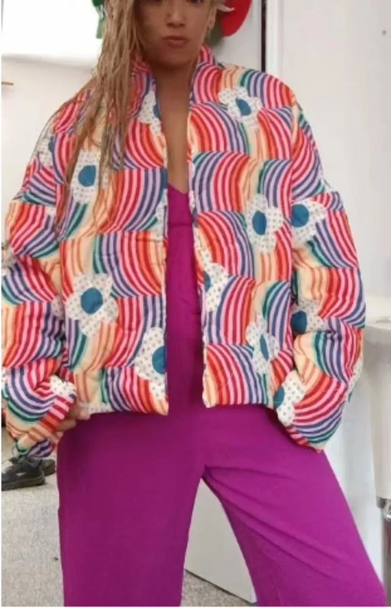 Rainbow Floral Print Winter Cotton Coat Women Chic Casual Cardigan Vintage Harajuku Autumn Puffer Jacket Quilted Streetwear New