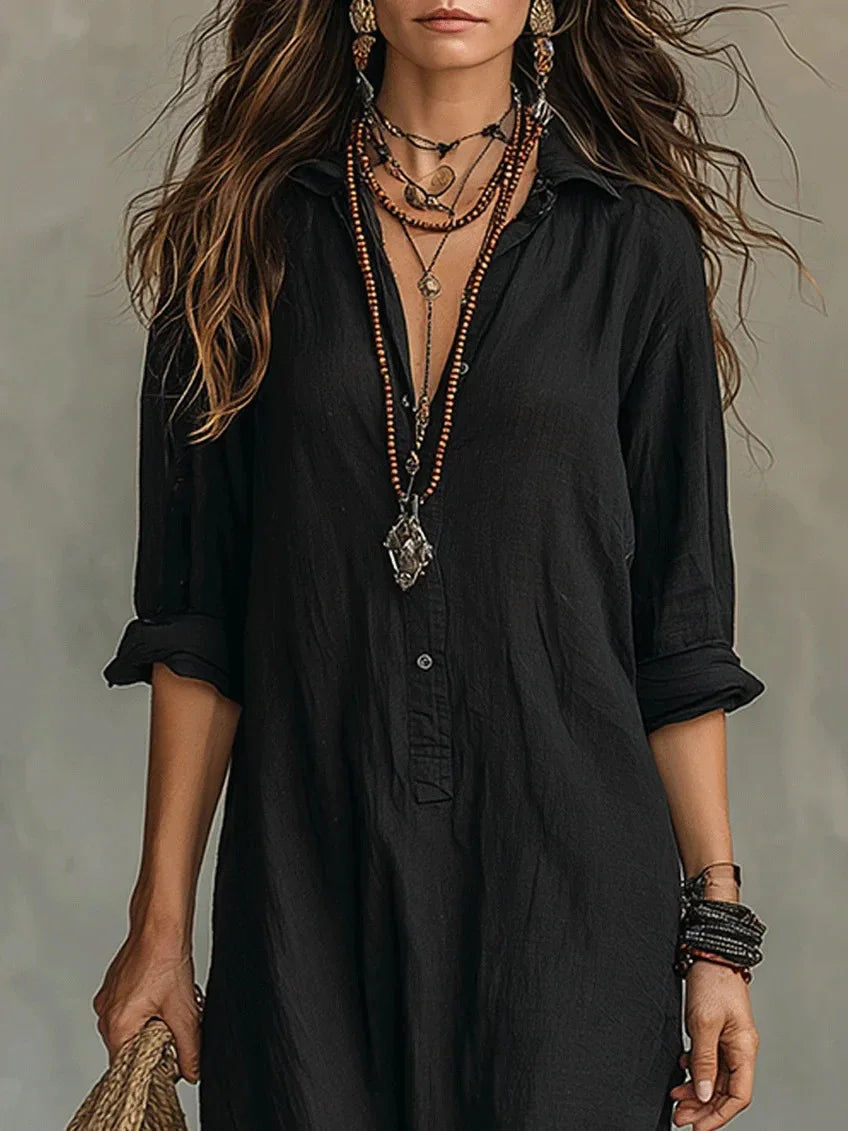 Casual Long Sleeve Loose Maxi Dress Women 2026 Summer Solid Color Turn-down Collar Beach Long Dresses Elegant Vestidos