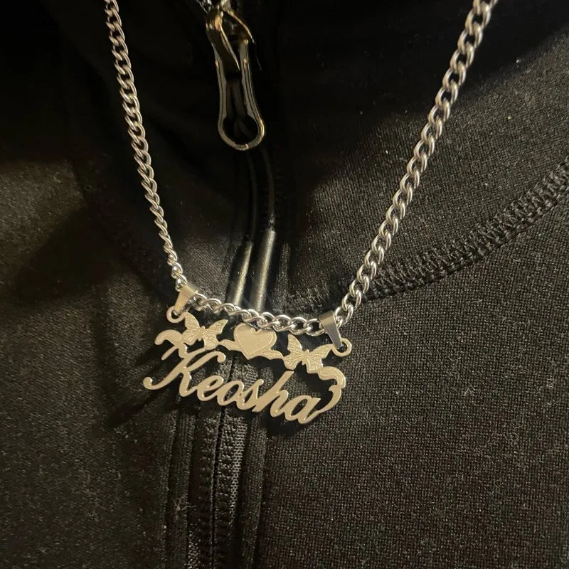 Custom Removable Cartoon Character Name Pendant Gold Color Stainless Steel Heart Nameplate Necklaces For Women Girl Kids