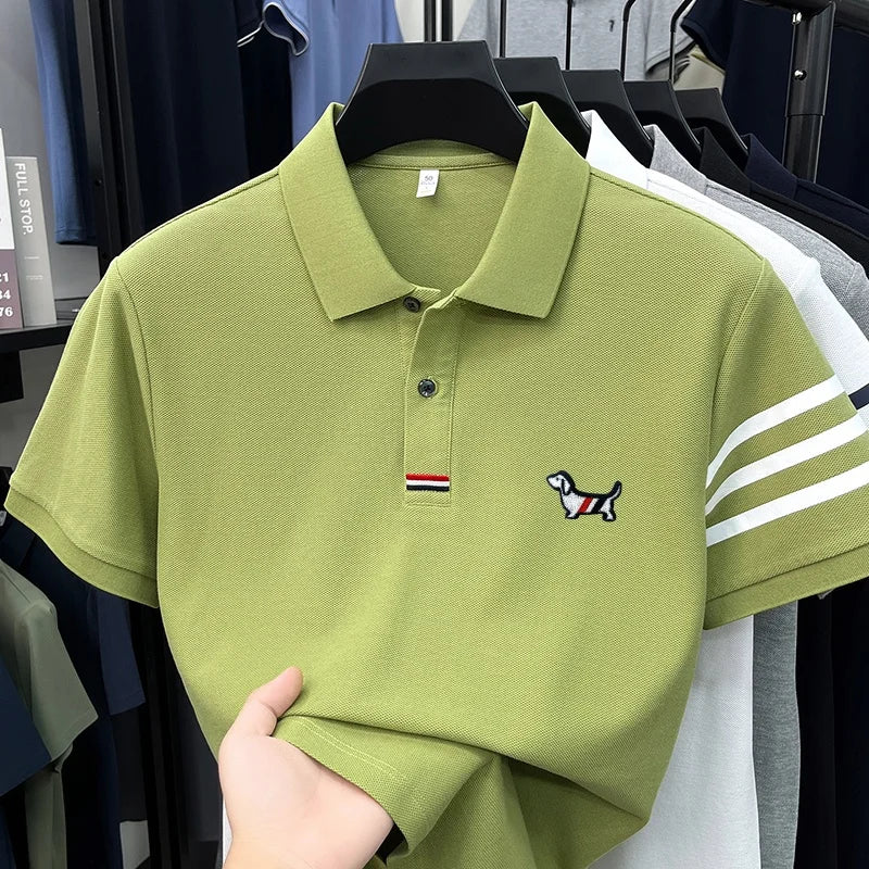 luxury brand men's high quality short sleeves polo shirt lapel embroidery puppy cuff stripe t-shirt business leisure men's wear