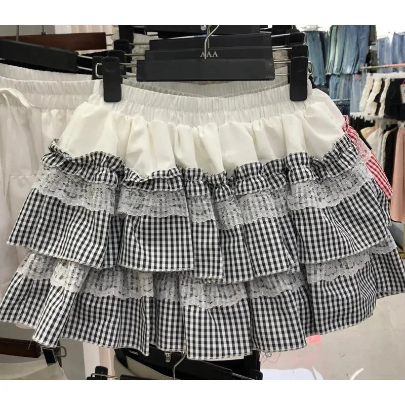 2025 Spring Summer Sweet Cute Lace Patchwork Plaid Cake Short Skirt With Shorts Womem Korean Japan Preppy Style Skirts