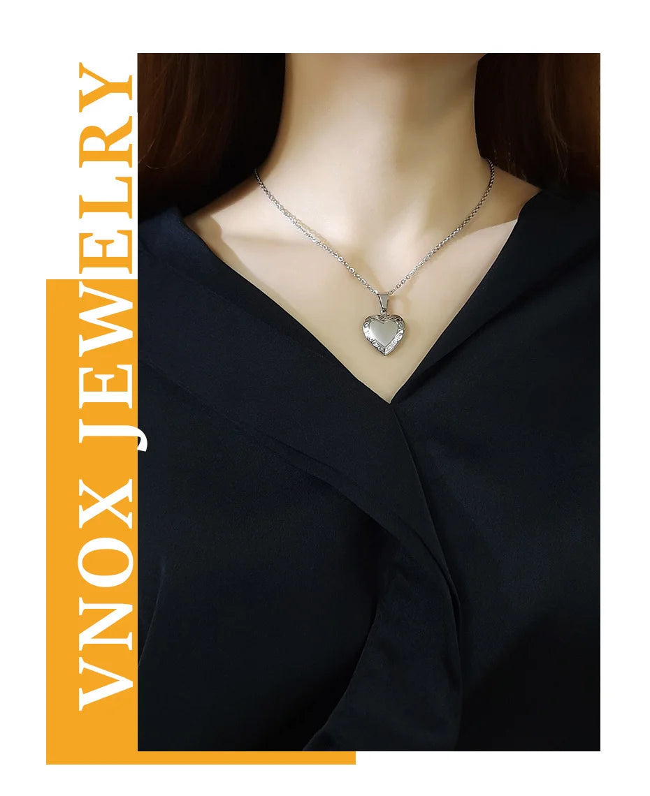 Vnox Customize Picture Name Women Necklaces Heart Locket Pendant Family Image Personalized Anniversary Gift
