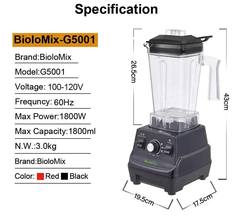 BioloMix Mini Pro 1800W Professional-Grade Smoothie Blender, 1.8L Container, Black/RED, Self-Cleaning