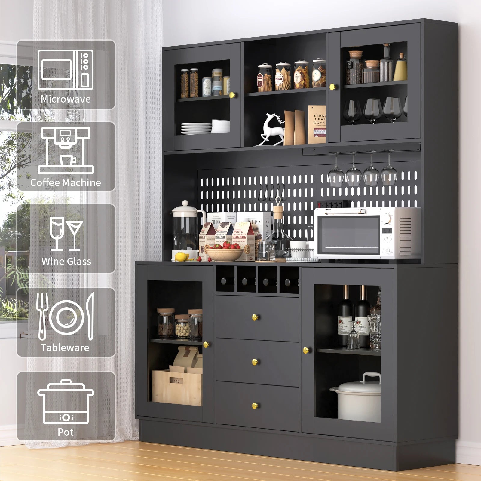 Pantry Cabinet, Kitchen Storage Cabinet, Freestanding Buffet Hutch with Pegboard, Cup Holder, Power Outlet, Black