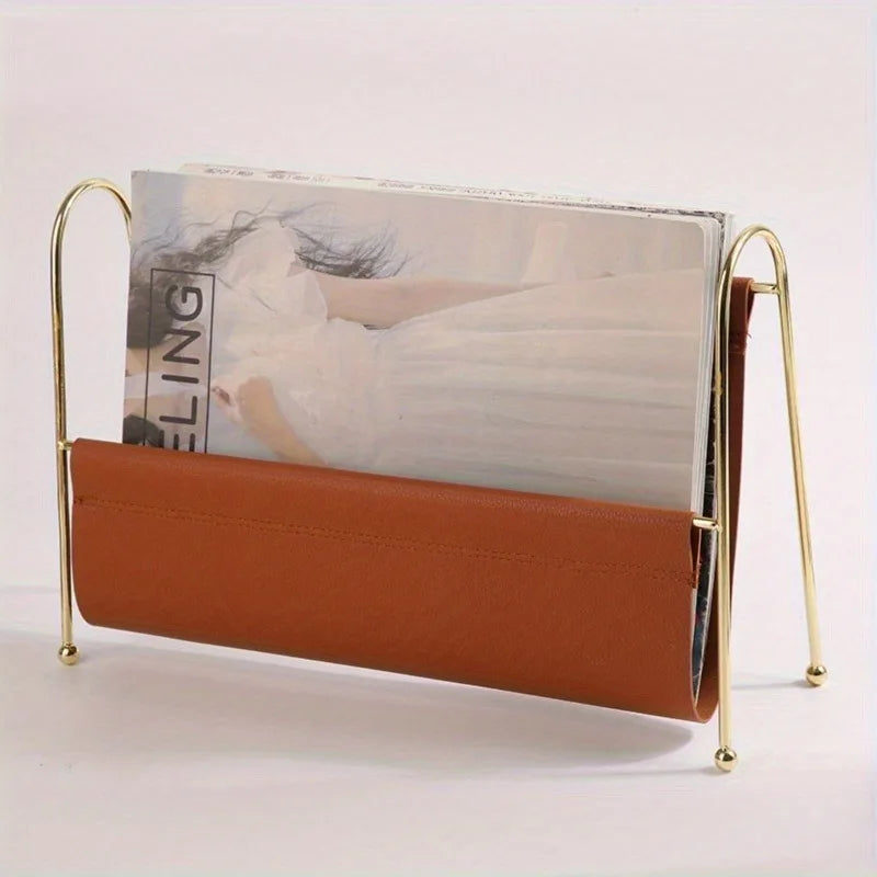 Nordic Metal Magazine Rack - Faux Leather Desk Organizer with Gold Frame, Compact Storage for Home Office/Bookshelf Decor