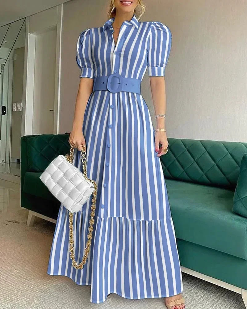 High Waist Temperament Solid Color Mid Length Skirt robe Slim Fit Bubble Sleeve Dress With Belt Robe 2024 Spring Womem Clothing