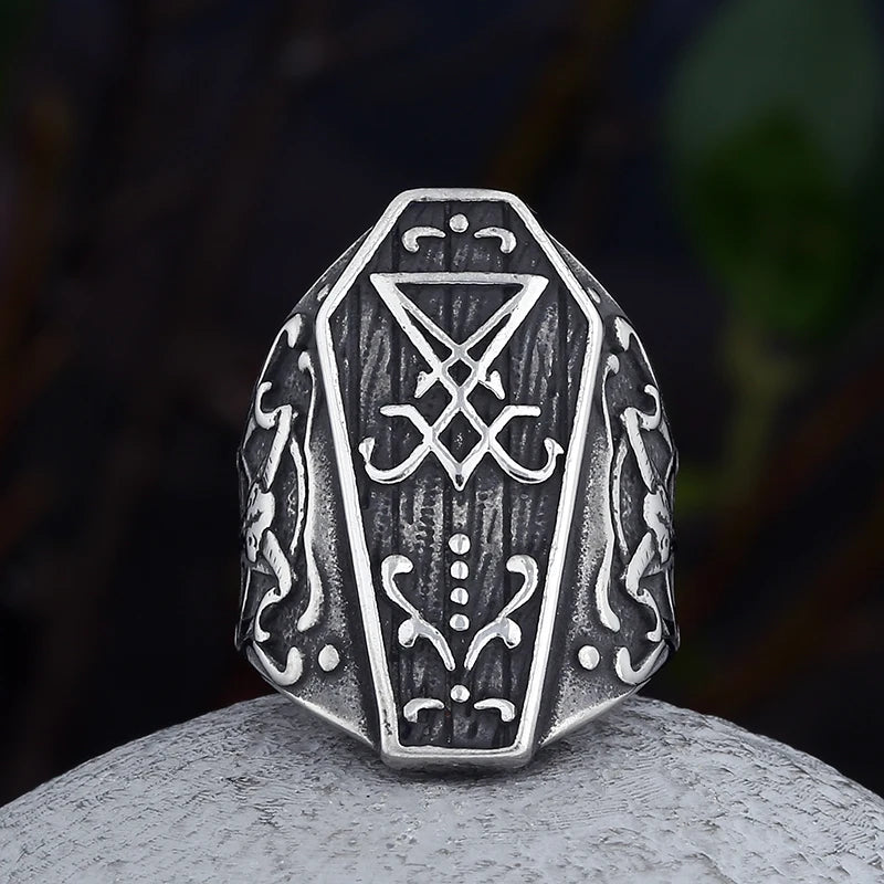 Vintage Gothic Lucifer Seal of Satan Signet Rings Punk Stainless Steel Seal Rings With Black Stone Pagan Jewelry Party Man Gift