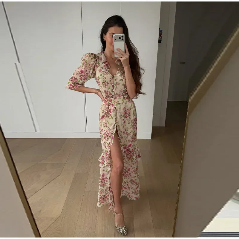 Fashion Organza Floral Printed Maxi Dress V-Neck Puff Sleeve 2026 Spring/Summer Romantic Women Party Gown Elegant Lady Vestido