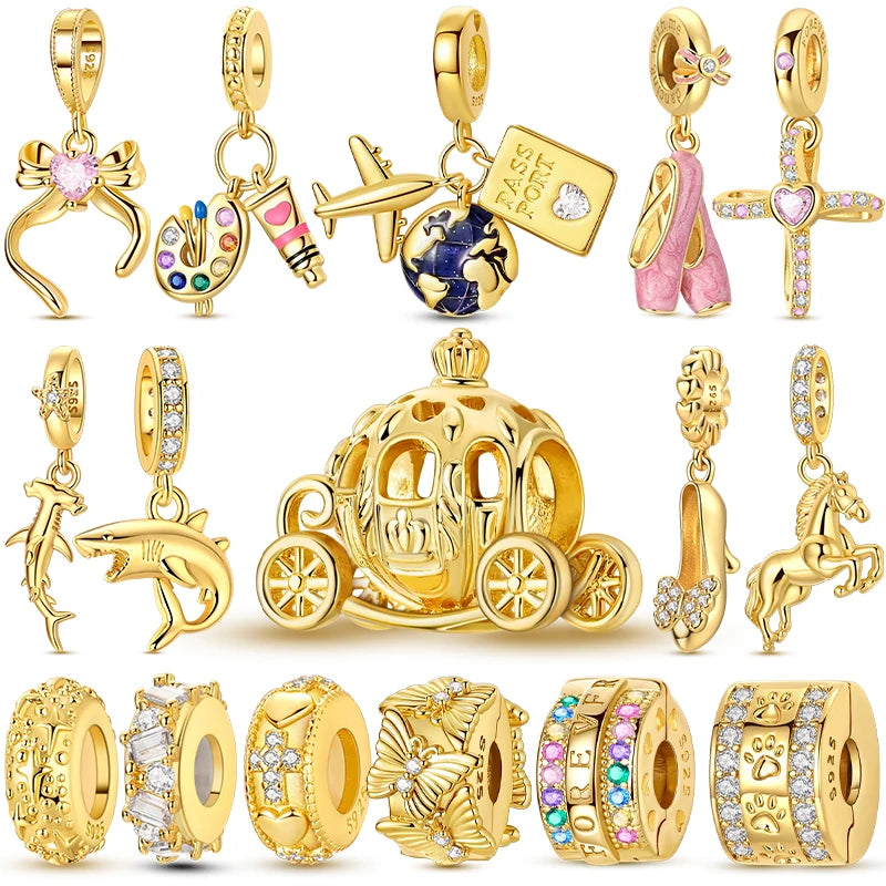 Hot Sales 925 Sterling Silver Golden Series Charms Beads Cross Devil's Eye Bow Charms Pendant Fit Original Bracelet DIY Jewelry