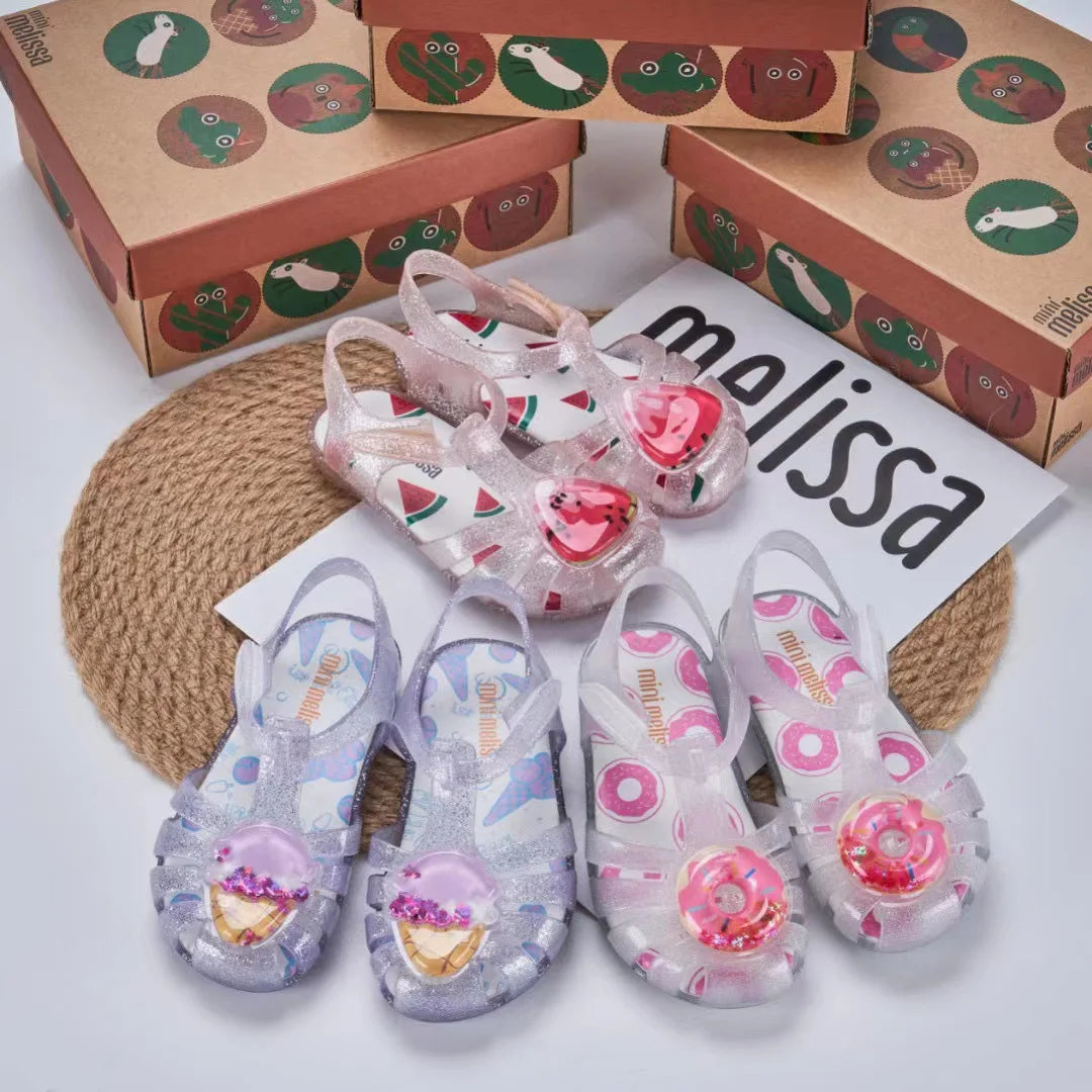 Mini Melissa Children Sandals New Girls Sandals Summer 2023 Soft Peep-toe Antiskid Crystal Princess Children Little Girls Sandal