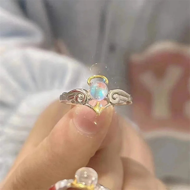 Korean Style Angel Wings Ring Adjustable Rhinestone Finger Rings For Women Silver Color Female Party Birthday Jewelry Gift