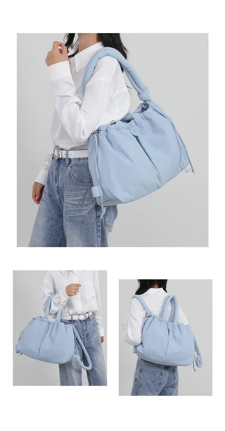 Casual nylon padded tote bag designer soft puffer women shoulder crossbody bags Simple Vintage large capacity handbags 2026