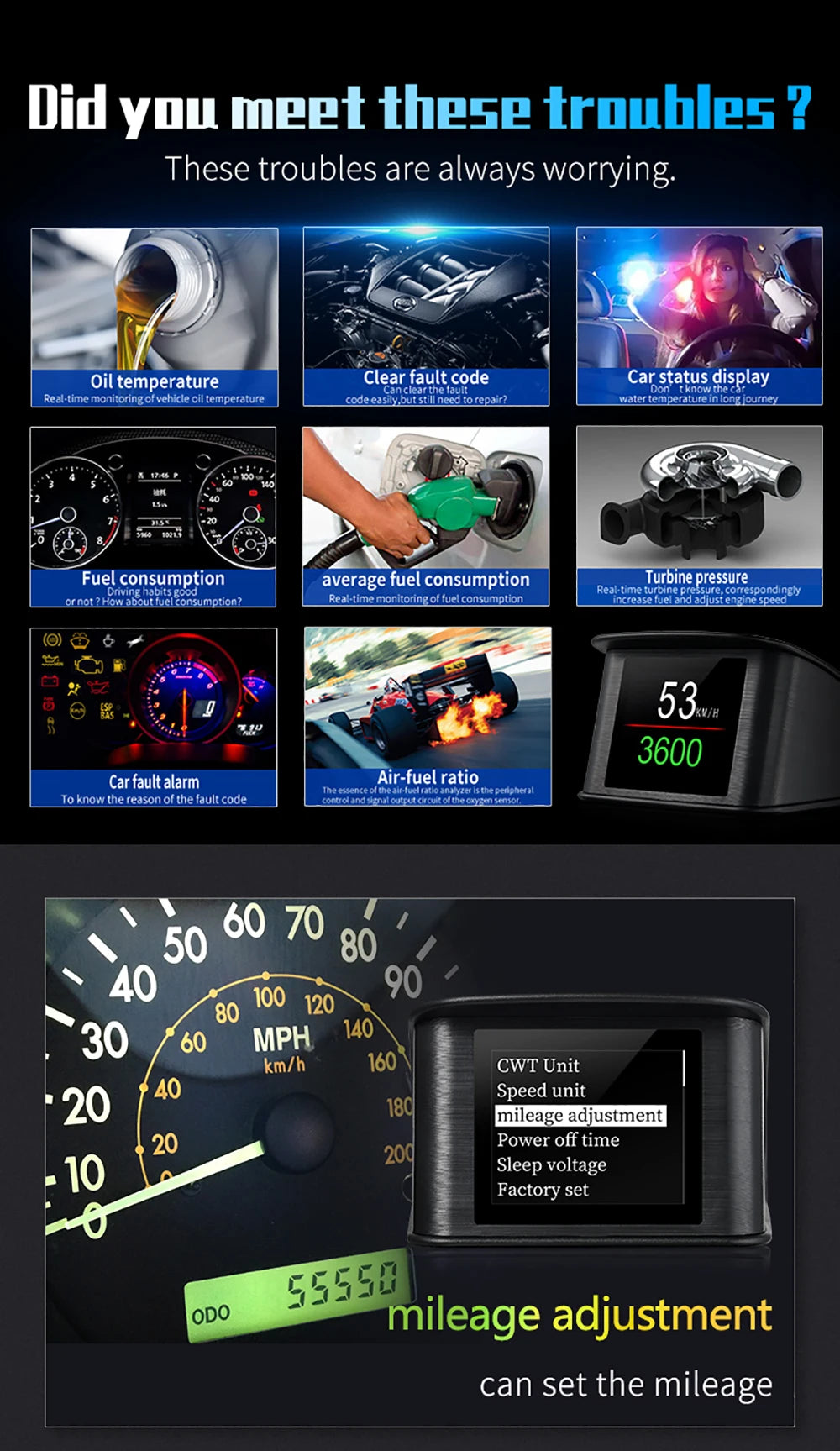 HD P10-PRO OBD2 HUD Car Head Up Display Digital Speedometer Auto On-board Computer With Speed RPM Temperature Voltage Alarm