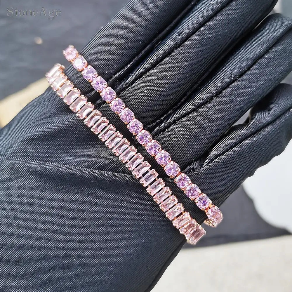 Pink Crystal Tennis Bracelets for Women Female Trend Romantic Shiny Zirconia Adjustable Folding Buckle Chain on Hand Jewelry