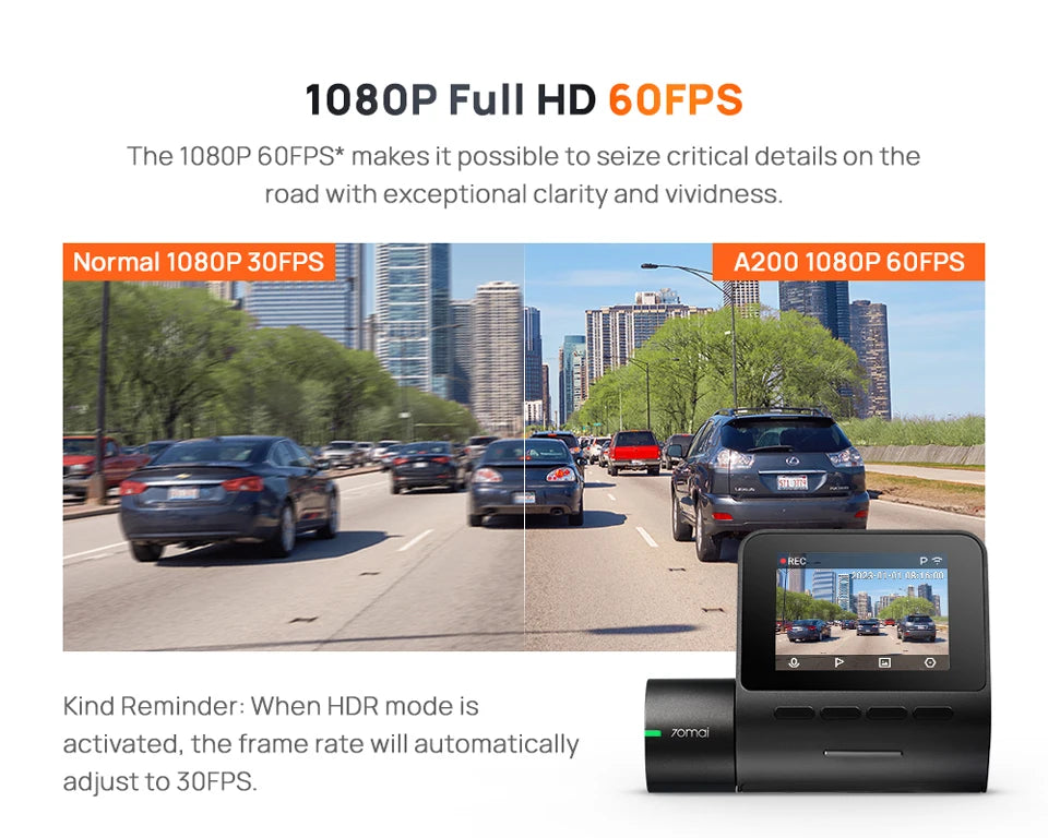 Global 70mai Dash Cam A200 Dual-channel Record 1080P HDR 2'' IPS Screen 24H Parking Monitor Car DVR 70mai A200 WIFI APP 130° FOV