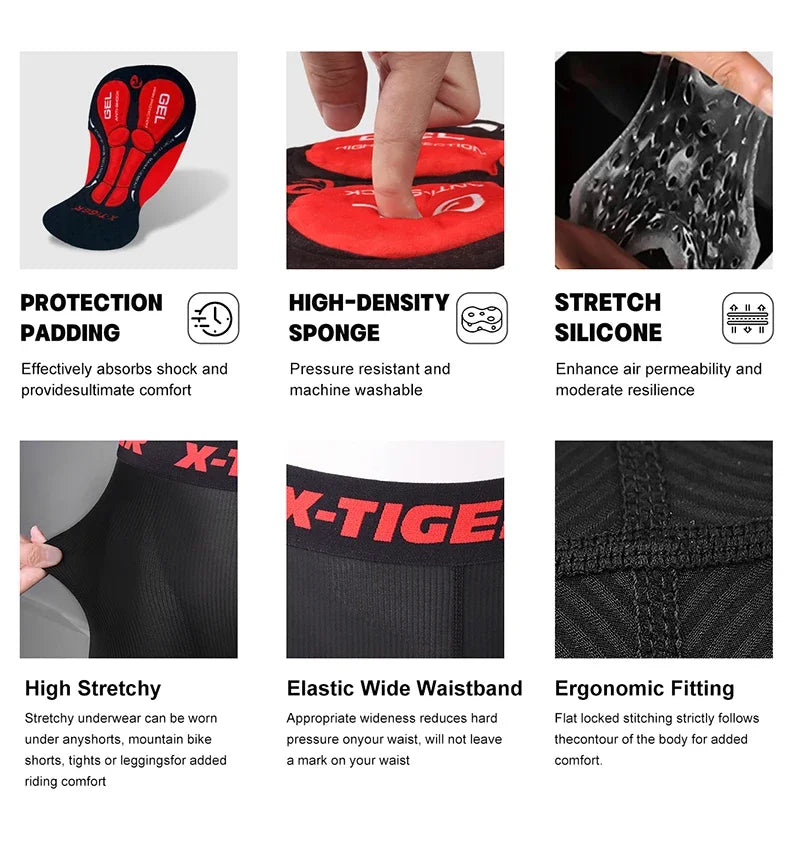 X-TIGER Cycling Underwear Men's Shorts 5D Padded Breathable Sports Riding Bike Bicycle MTB Liner Shorts with Anti-Slip Leg Grips