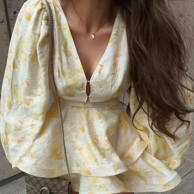 Women Floral Print Mini Dress V-neck Balloon Sleeve Keyhole Detail Tiered Ruffle Hem Dresses 2026 New Summer Holiday Party Gowns