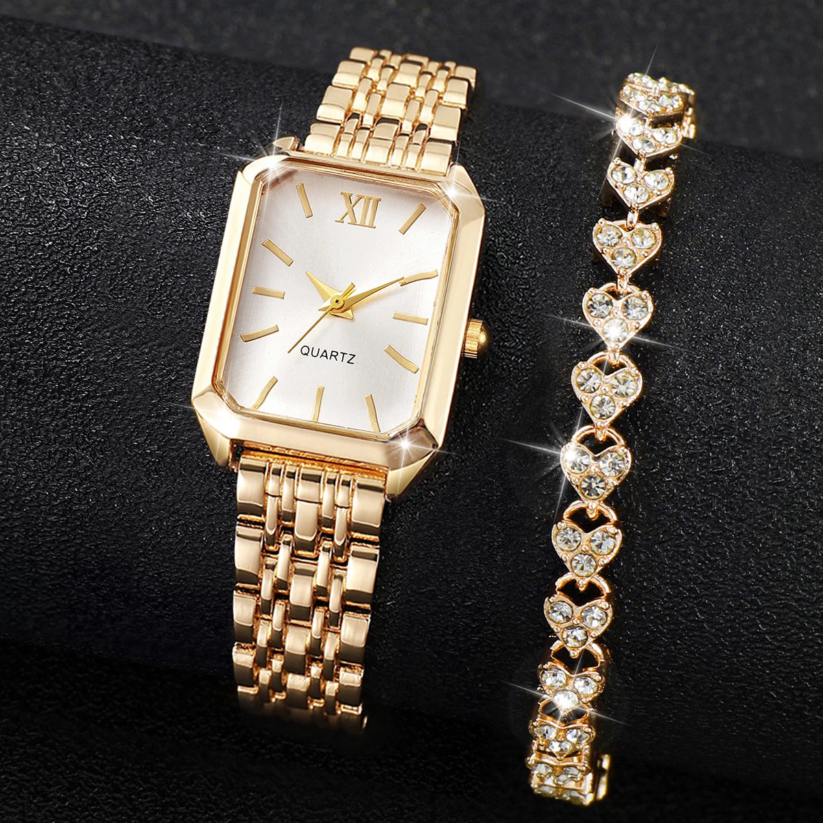 2PCS Fashion Rectangle Women Quartz Watch Rhinestone Bracelet Set Roma Dial Ladies Wristwatches Girls Clock Reloj Mujer