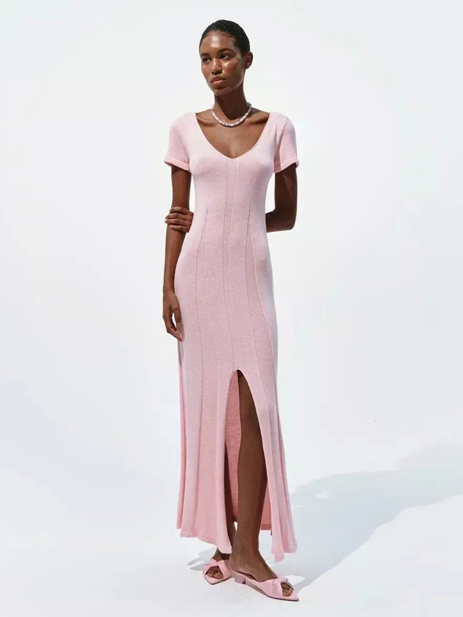 Tsiisd Ribbed Knit Maxi Dress For Women Deep V-Neck Slim High Slit Elegant Patchwork Commute Party Dress Women Knitwear Dress