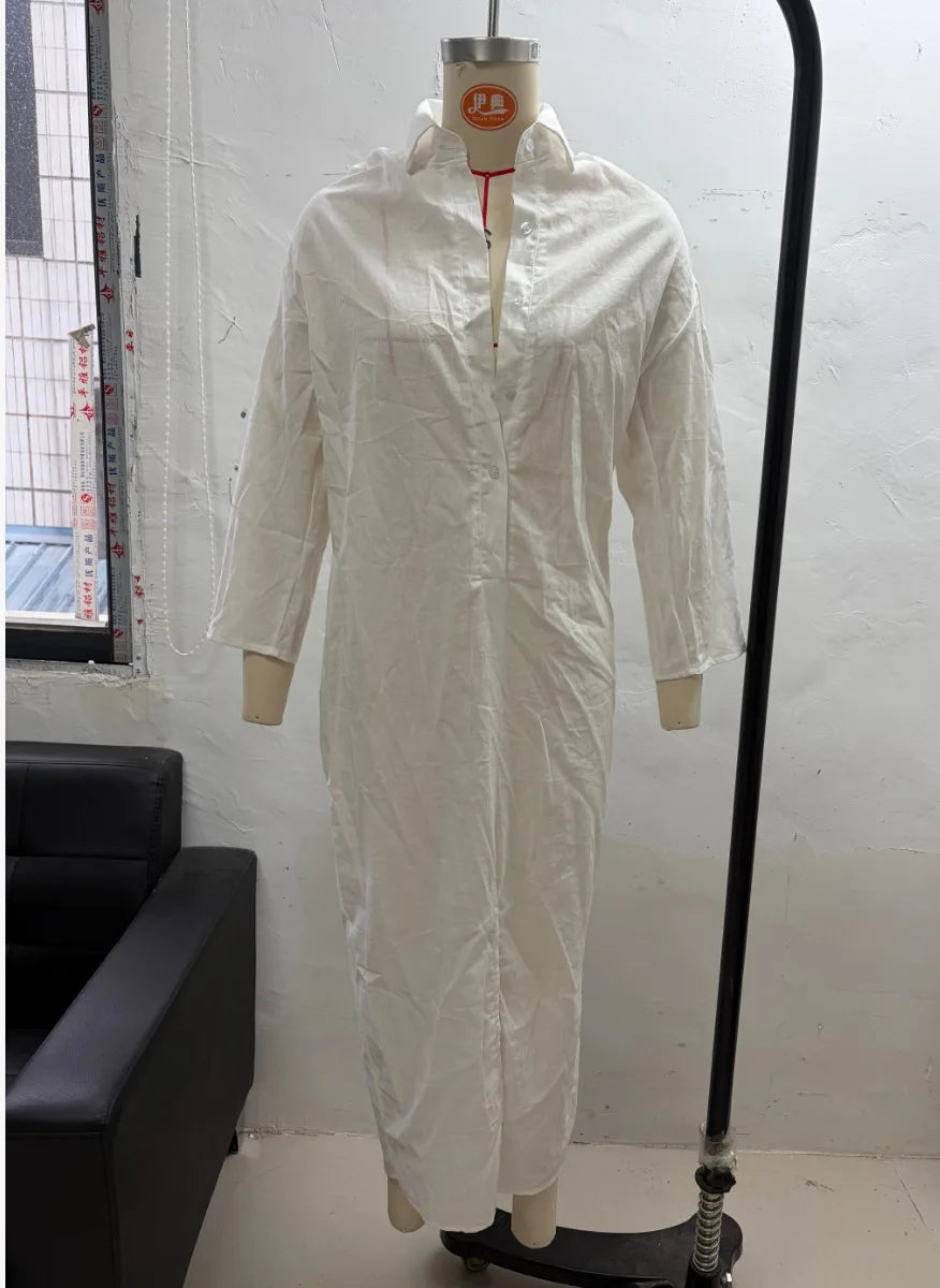 Casual Long Sleeve Loose Maxi Dress Women 2026 Summer Solid Color Turn-down Collar Beach Long Dresses Elegant Vestidos