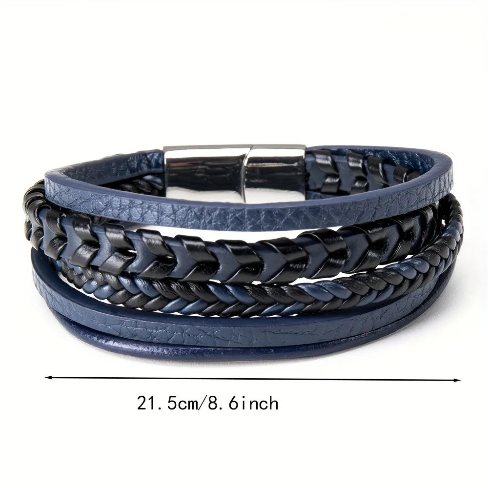 1pc Fashion Accessories MEN'S Multi-layered Vintage Leather Rope Braided Bracelet Alloy Magnetic Buckle Bracelet