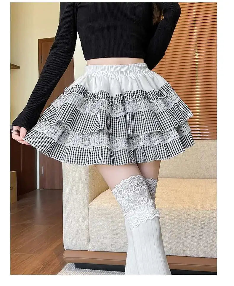2025 Spring Summer Sweet Cute Lace Patchwork Plaid Cake Short Skirt With Shorts Womem Korean Japan Preppy Style Skirts