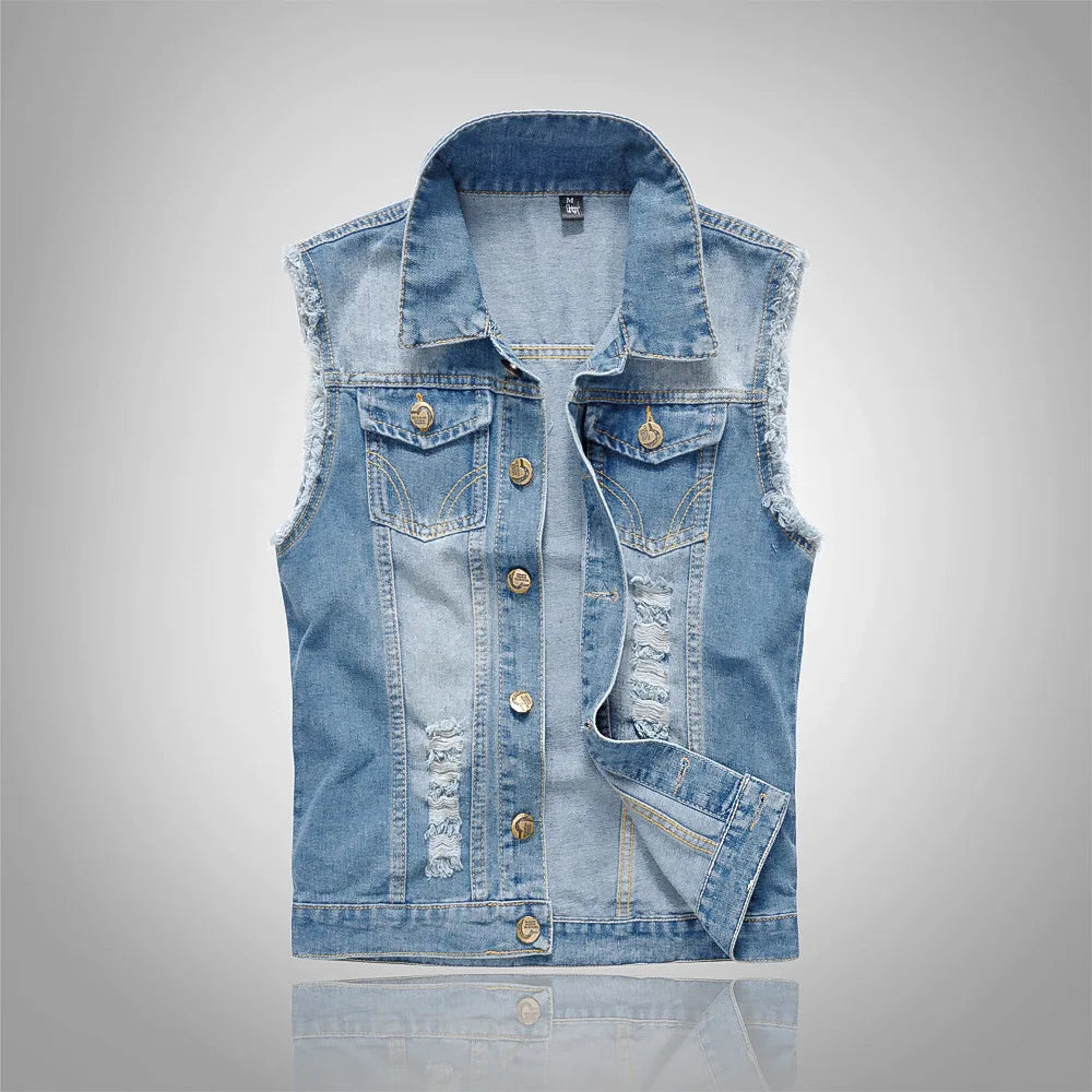 2025 Men's Fashion Jeans Sleeveless Jacket Vest Male Black Blue Denim Jeans Vest  Man Cowboy Outdoors Waistcoat Mens Jacket Vest