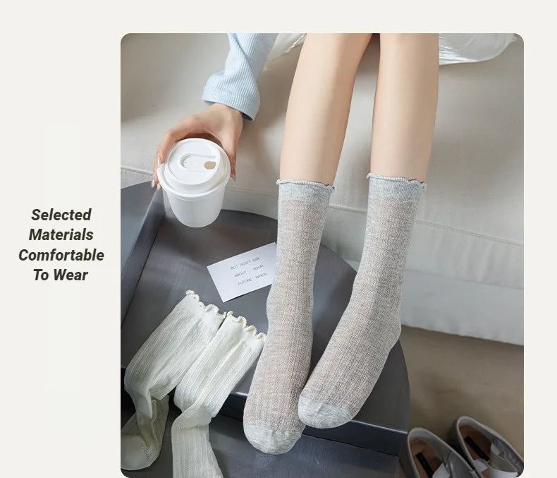 Women Solid Color Mesh Mid Tube Socks Spring Summer Thin Lightweight Breathable Wavy Edge Ballet Style Casual Hollo
