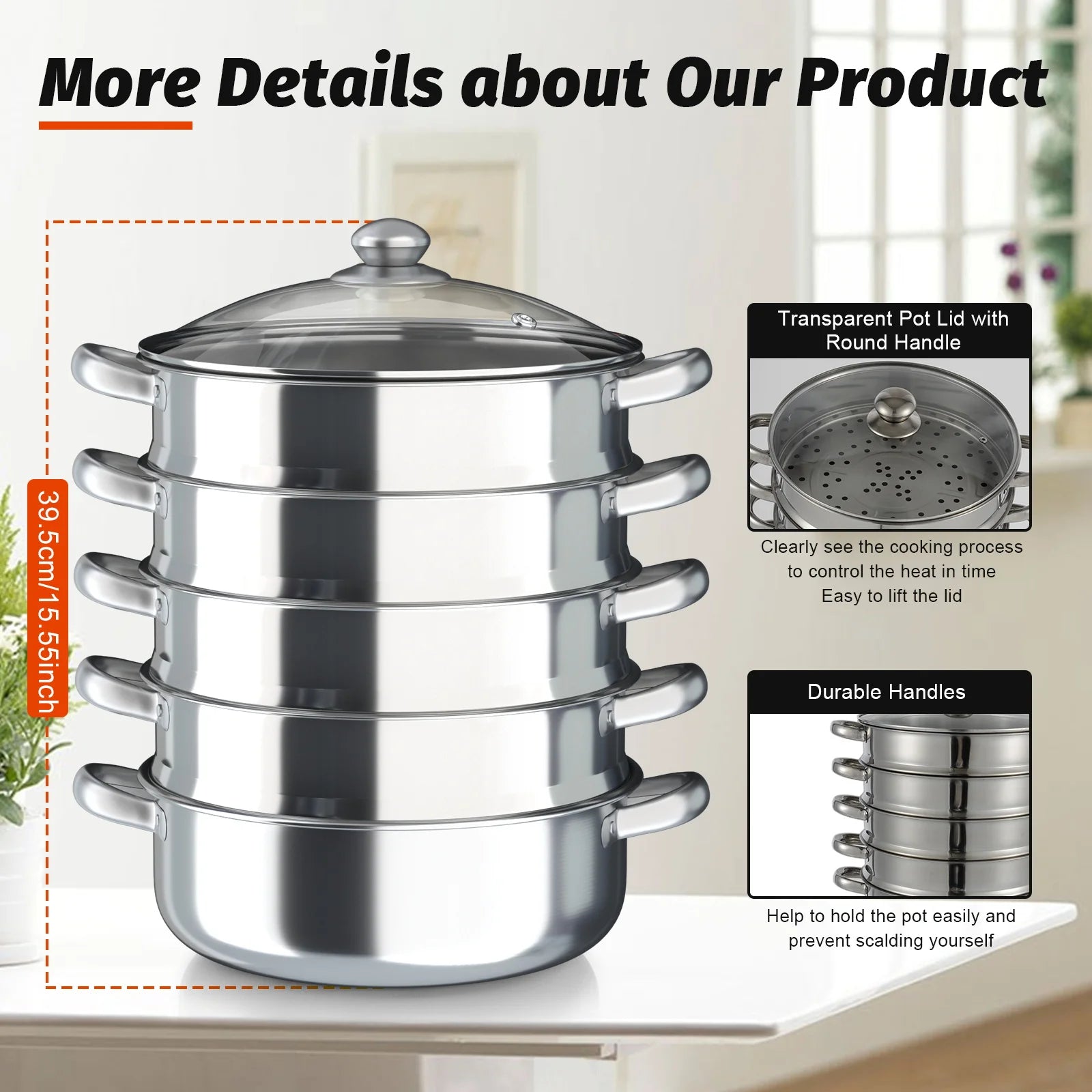 5-Layer Steamer 26cm/28cm/30cm Steam Cooker 304 Food-Grade Stainless Steel 4 Steaming Grids and 1 Cooking Pot W/ Glass Lid