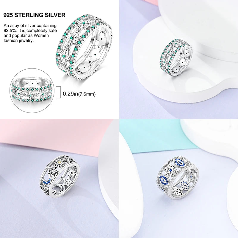 Rings For Women 925 Silver Size 6-9 Ocean Flower Sun Butterfly Heart Hollow Ring Fit For Engagement Weddings Fine Jewelry Gifts