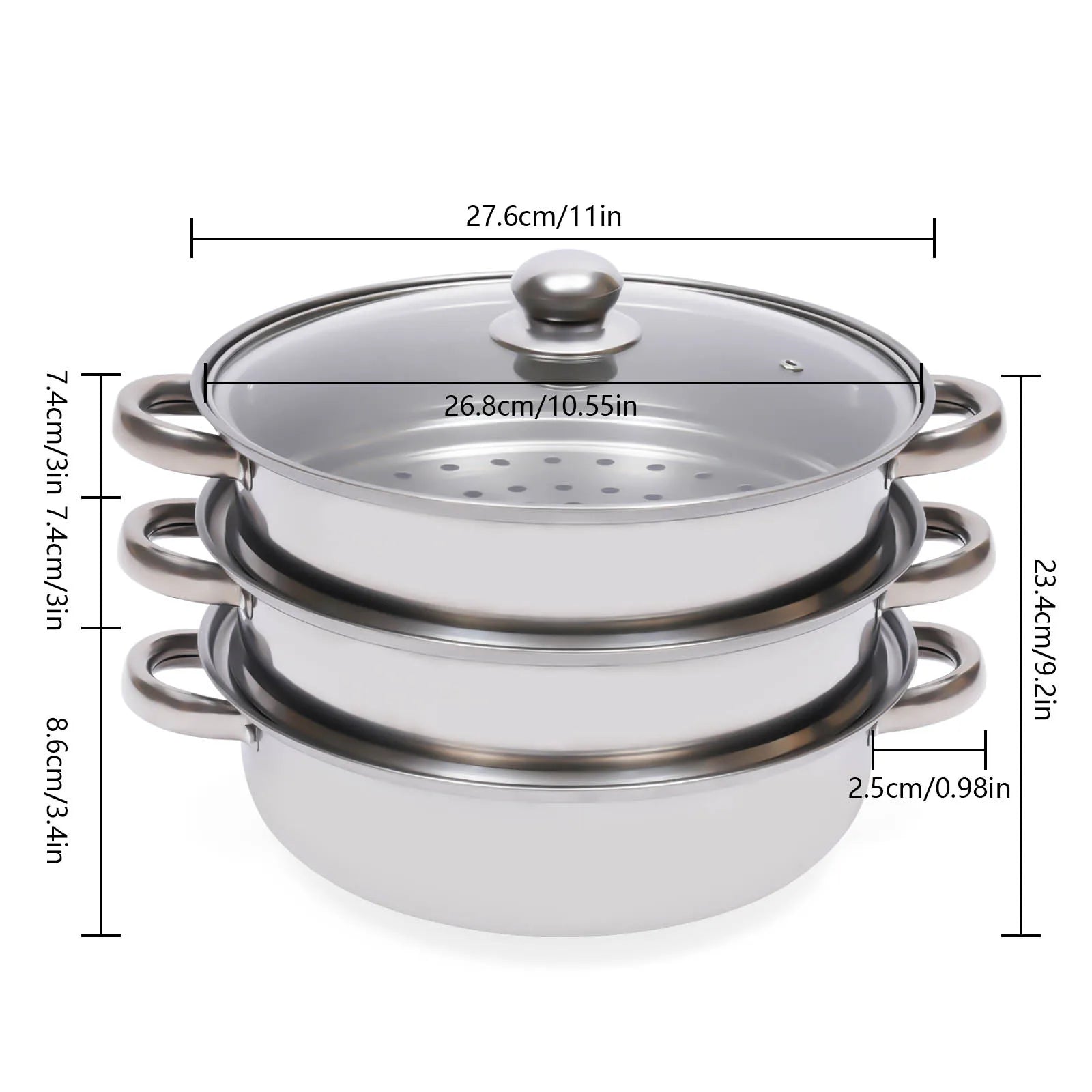 28CM Stainless Steel Steam Cooker Multi-Function 3 Tier Steamer Pot Cookware for Cooking Veg Meat Soups Seafood