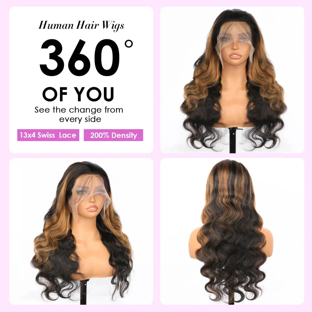13x4 HD Highlight Body Wave Lace Front Wigs Human Hair For Women Glueless Pre Plucked 4/27 Colored 200% Density With Baby Hair