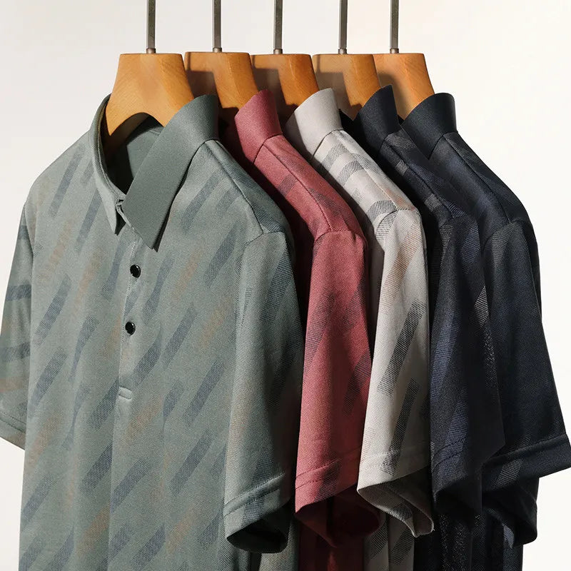 Men's Fashion Polo Shirt Short Sleeve Lapel Collar Diagonal Striped Print Casual Business Golf Tops