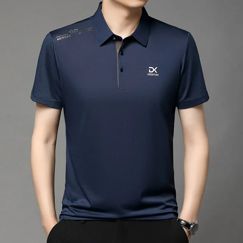 New Men's Business Casual Short Sleeved Shirt with Badge Solid Color Polo Shirt Fashionable Breathable Comfortable Versatile Top