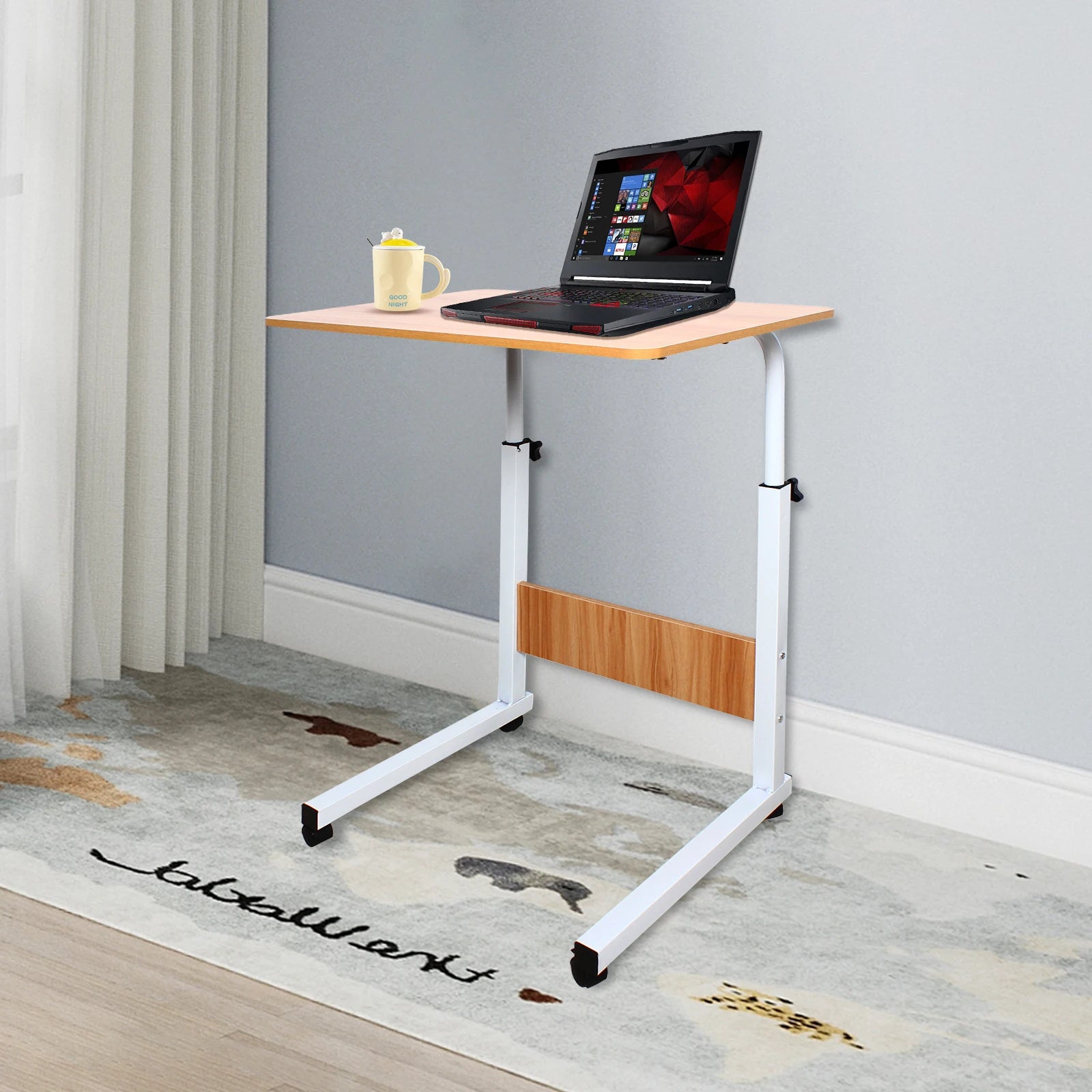 Mobile Laptop Desk 60*40cm Mdf Adjustable Bedside Desk Height Rolling Computer Table with Lockable Wheel for Home Bedroom Dormitory