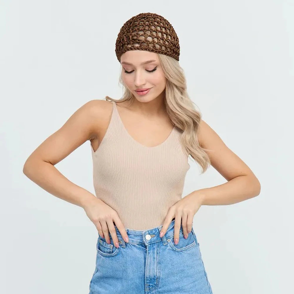 Womens Handmade Mesh Hat Crochet Wig Cap Fashion Solid Color Hair Care Bonnet