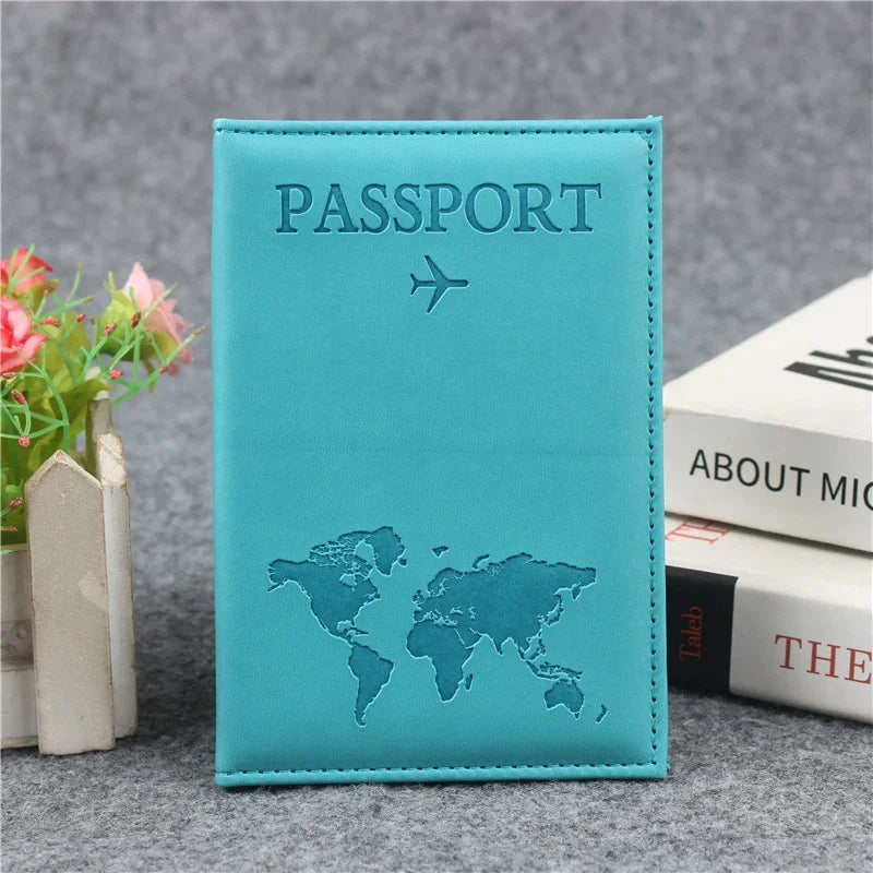 PU Leather Passport Cover For Men & Women World Map Travel Passport Case Organizer - Protective Card Holder ID Document Covers