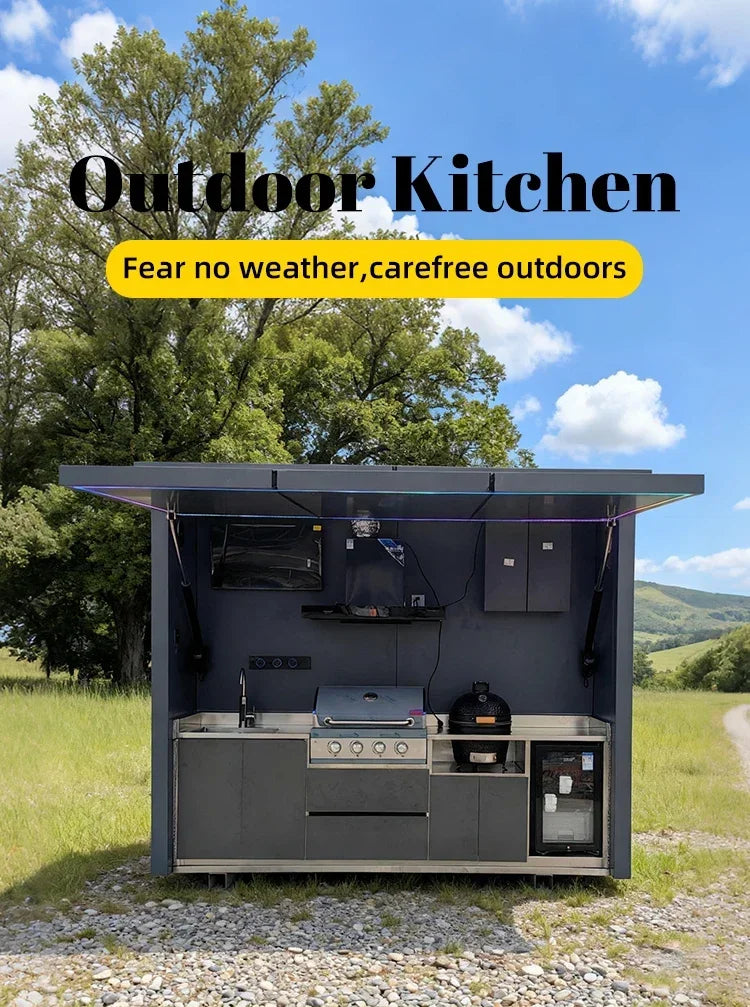 Customized outdoor kitchen in black appearance, affordable cost and stainless steel canopy included