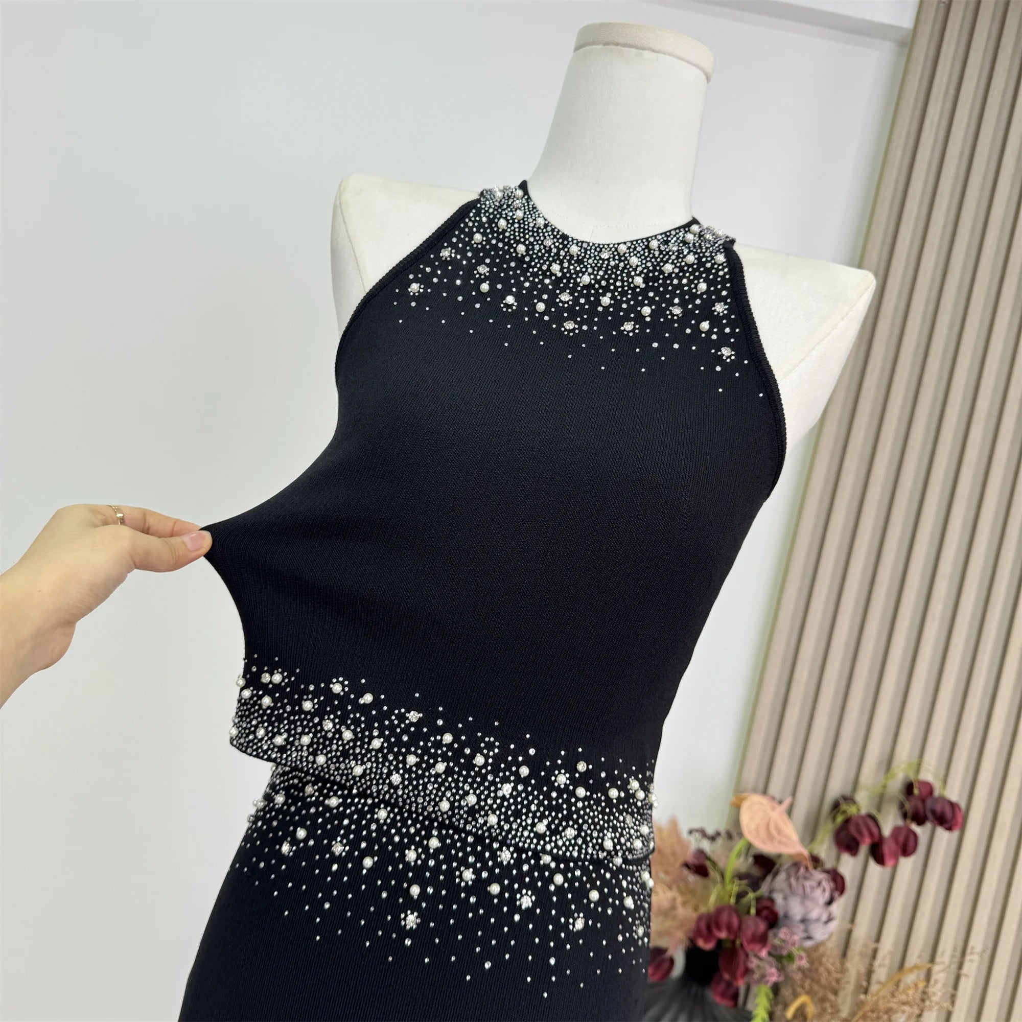 2025 Summer Diamonds Knitted 2 Piece Set For Womem Nail Bead Top + Short Skirt Two Piece y2k Outfit Ensemble Femme