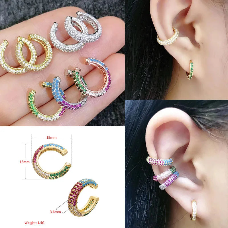 1 Piece Ear Clip on Earring Cuff Rainbow CZ Gold Silver Color Earing Jewelry Aretes Non Pierced Blue Black Clear Clipping