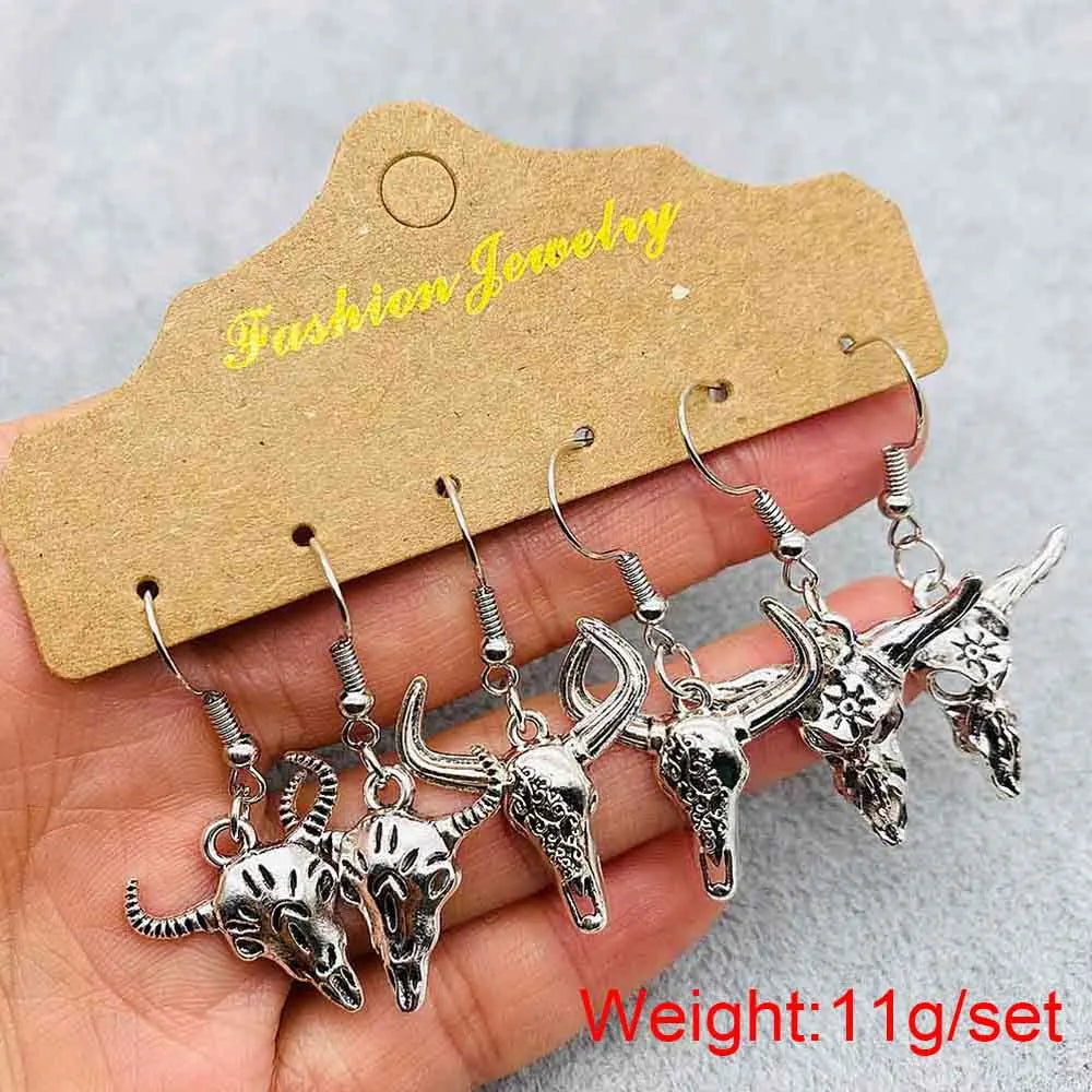 Western Retro  Turquoise Bull Head Earrings Cactus Boots Cowboy Hat Alloy Ethnic Style Earrings Set Jewelry for Women