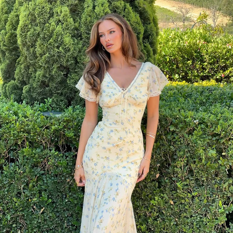 Fashion Organza Floral Printed Maxi Dress V-Neck Puff Sleeve 2026 Spring/Summer Romantic Women Party Gown Elegant Lady Vestido