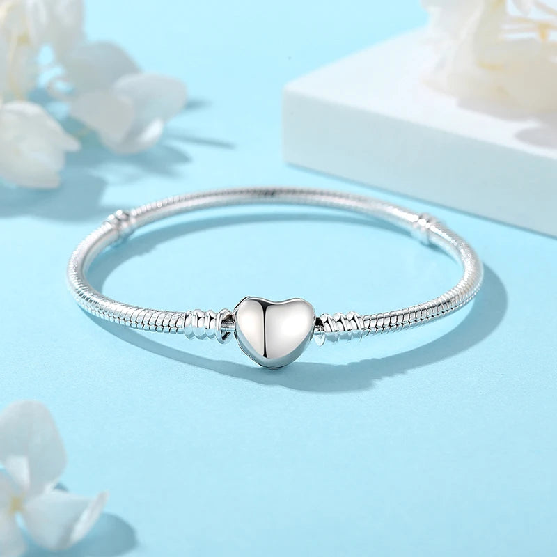 Original 925 Sterling Silver Bracelets Bangles Love Heart Clip Charms Beads Snake Chains For Women Rose Gold DIY Luxury Jewelry