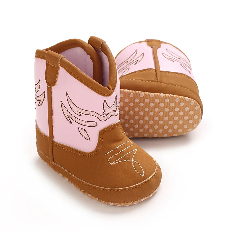 Western Cowboy Princess Baby Boots 0-18M Infant Pre-Walker Shoes Soft Sole Embroidered Footwear for Newborn Girls
